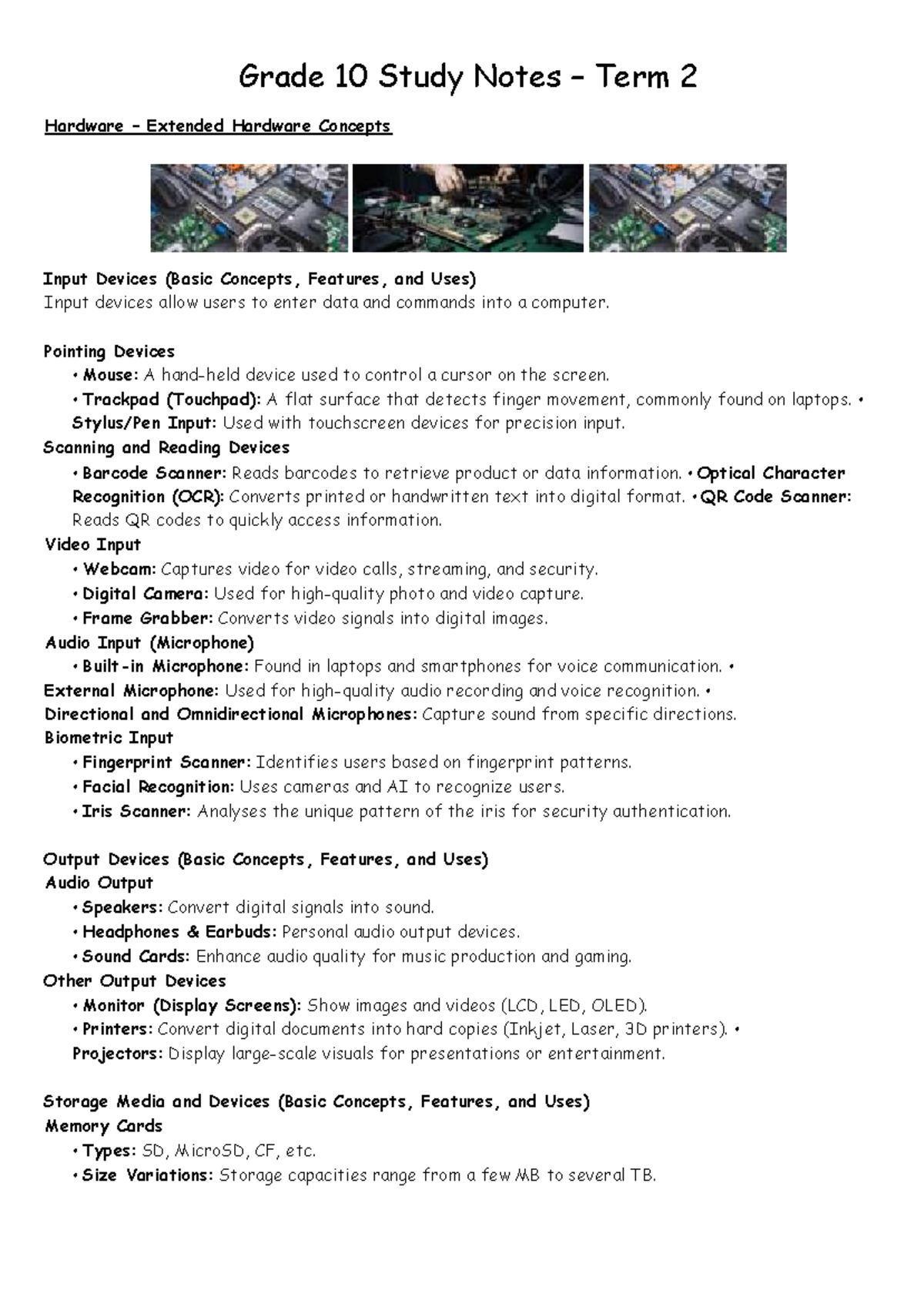 Term 3 Study Notes: Extended Hardware Input & Output Devices - Studocu