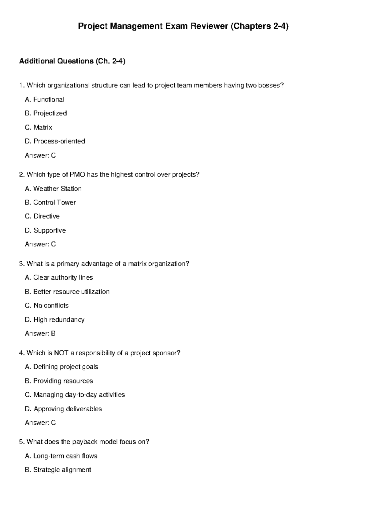 Project Management Exam Reviewer (Ch. 2-4) with additional questions ...