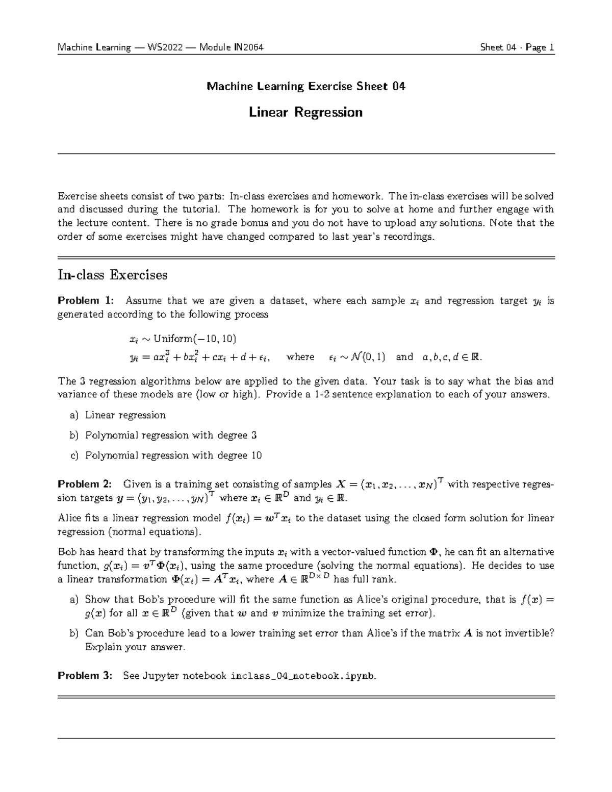 Exercise 04 linear regression - Machine Learning Exercise Sheet 04 ...