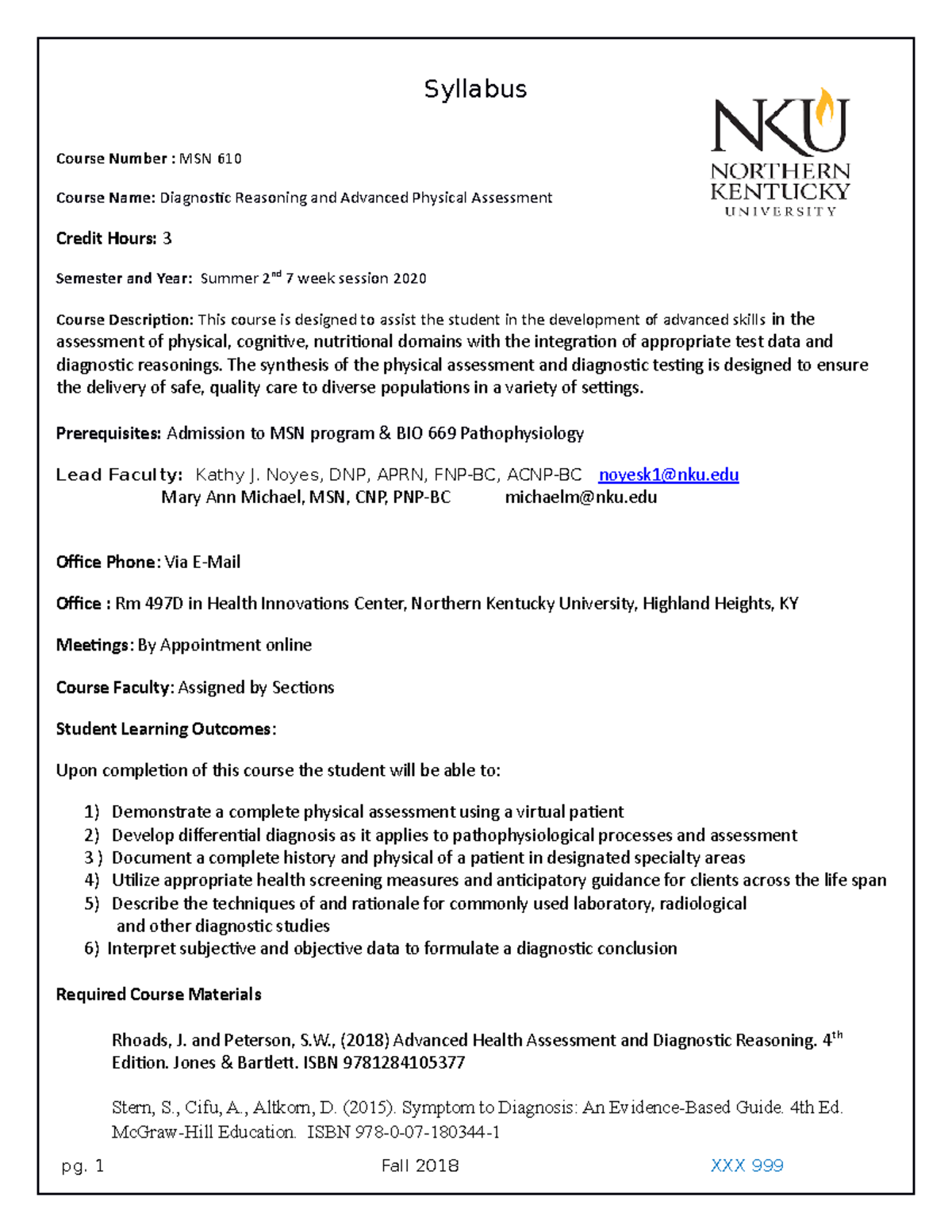 Module 1: Assignment - Syllabus Course Number : MSN 610 Course Name ...