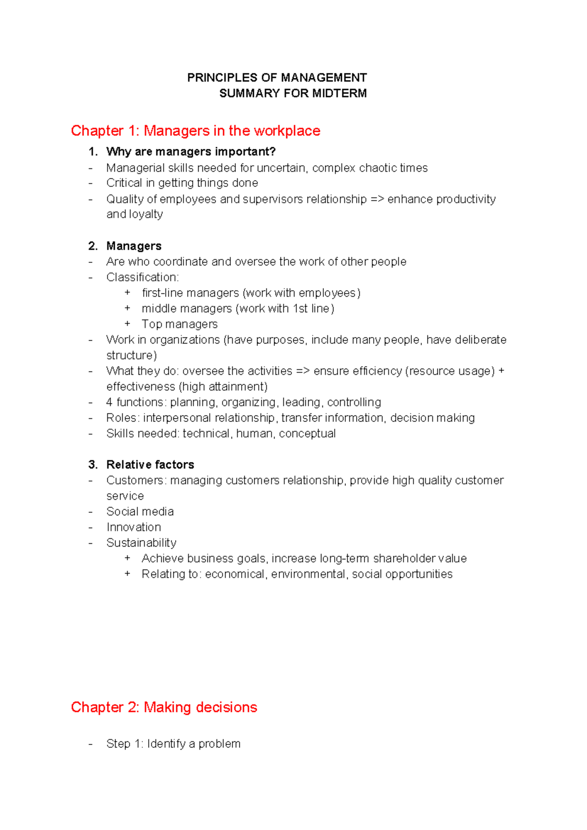 PRINCIPLES OF MANAGEMENT MIDTERM SUMMARY: Key Concepts & Chapters - Studocu