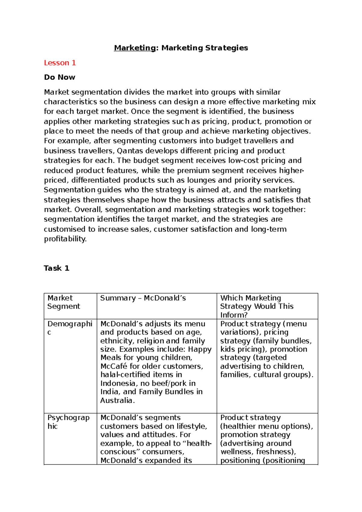 Marketing Strategies: Lesson 1 - Market Segmentation Insights - Studocu