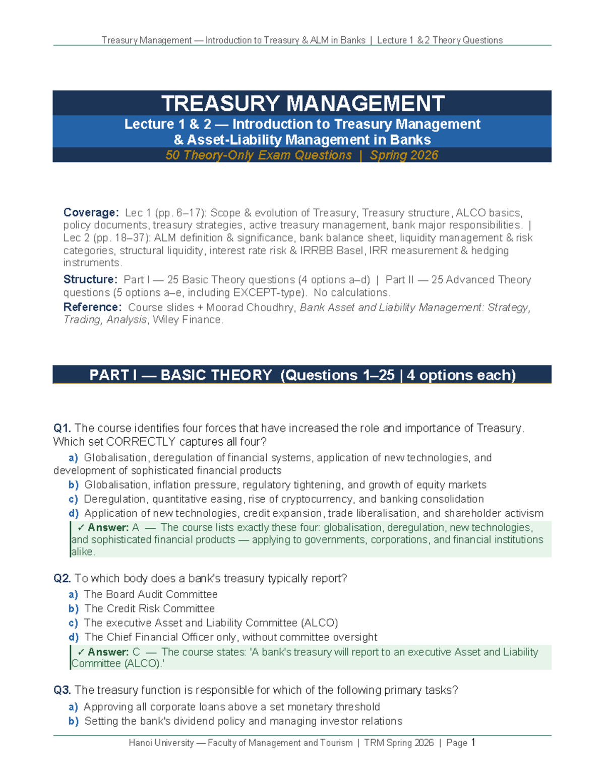 TRM Spring 2026: Lecture 1 & 2 Treasury Management Theory MCQs - Studocu