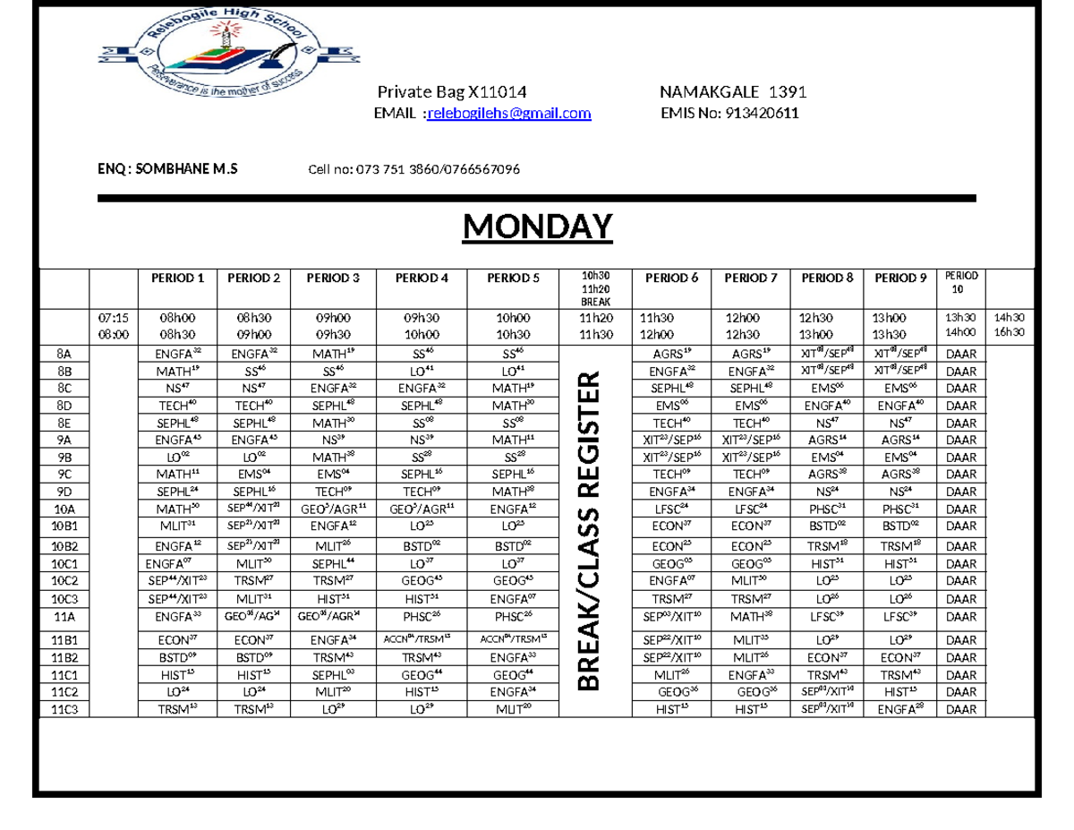 TIME Table 2026 for Grades 8-12 - Updated Version - Studocu
