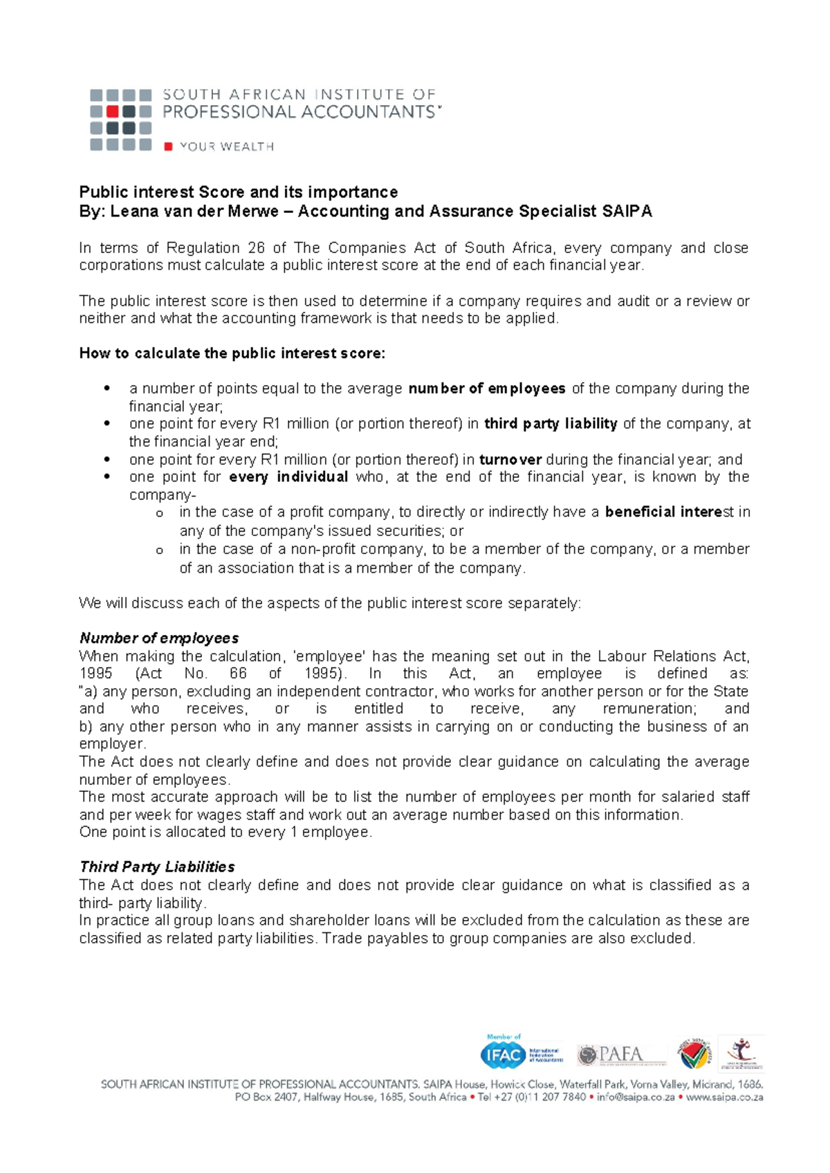 Public Interest Score: Importance and Implications for SAIPA Members ...