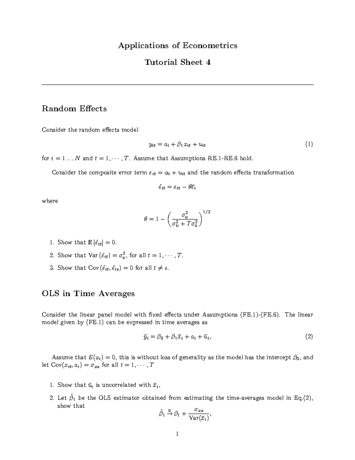 Tutorial 4 answer - Applications of Econometrics Tutorial Sheet 4 ...