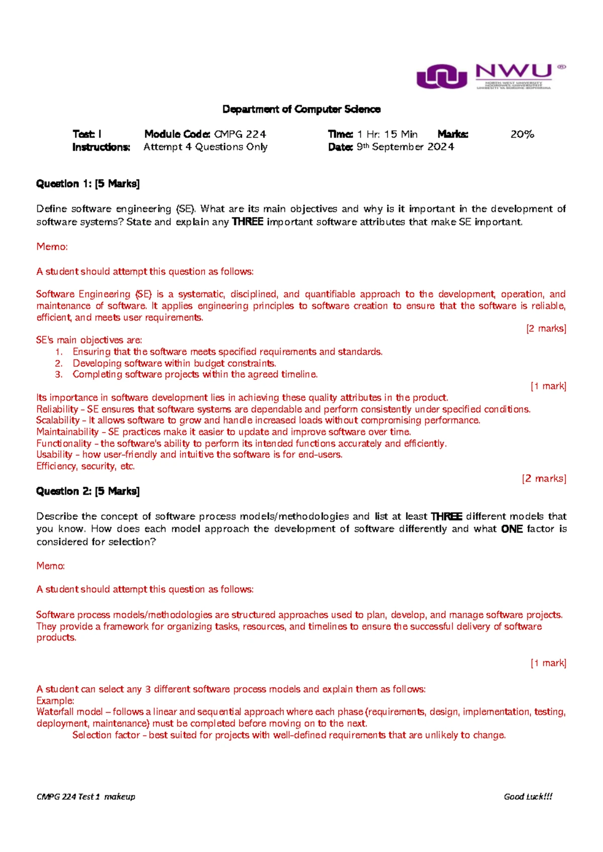 CMPG 224 - Test II Memo - Software Engineering Agile Methodologies ...