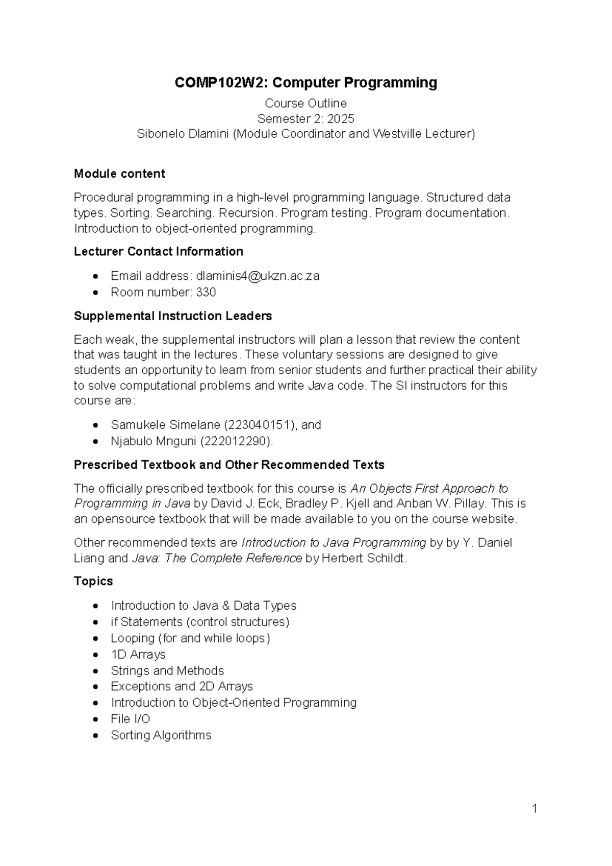 COMP102W2: Computer Programming Course Outline for Semester 2, 2025 ...