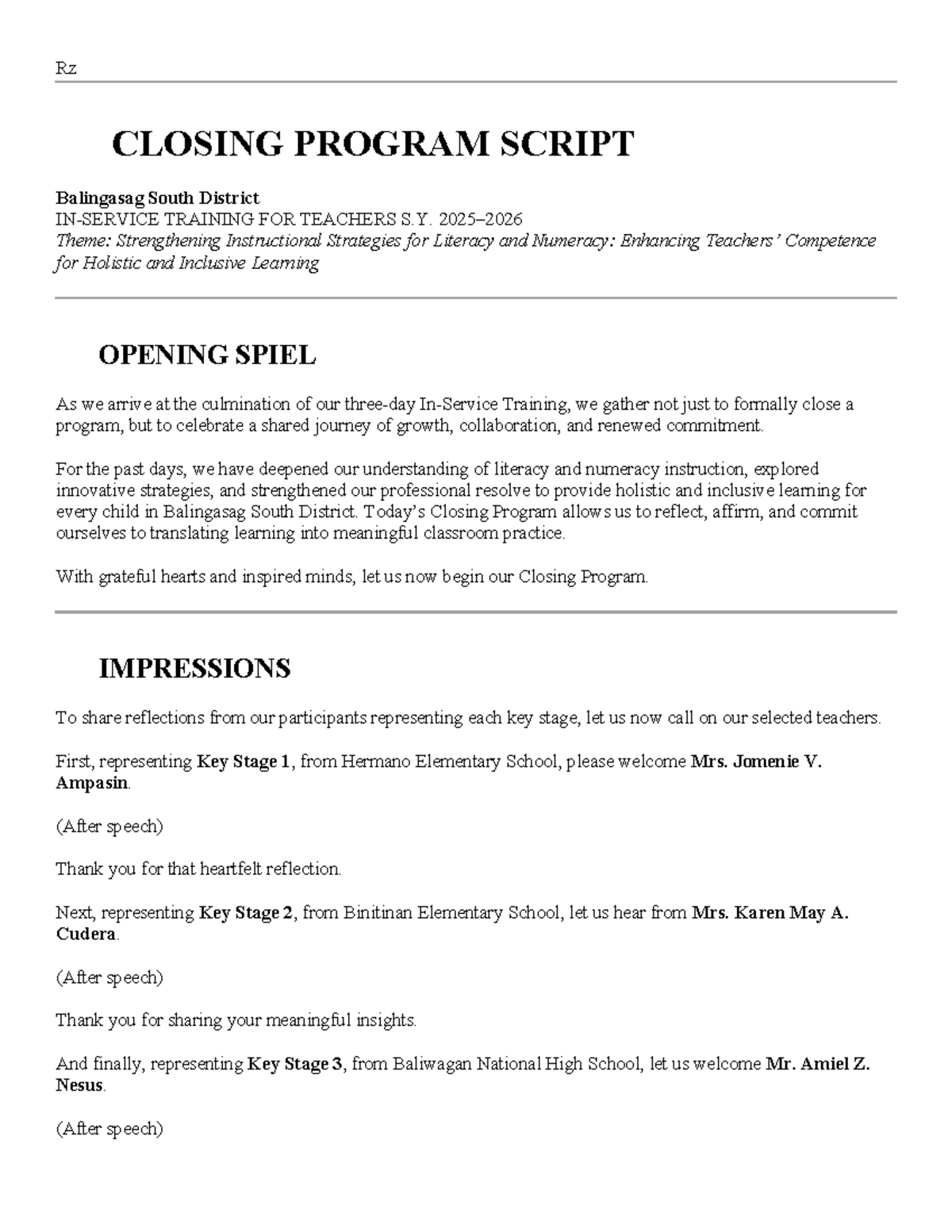 RZ TRAINING FOR TEACHERS CLOSING PROGRAM SCRIPT S.Y. Theme ...