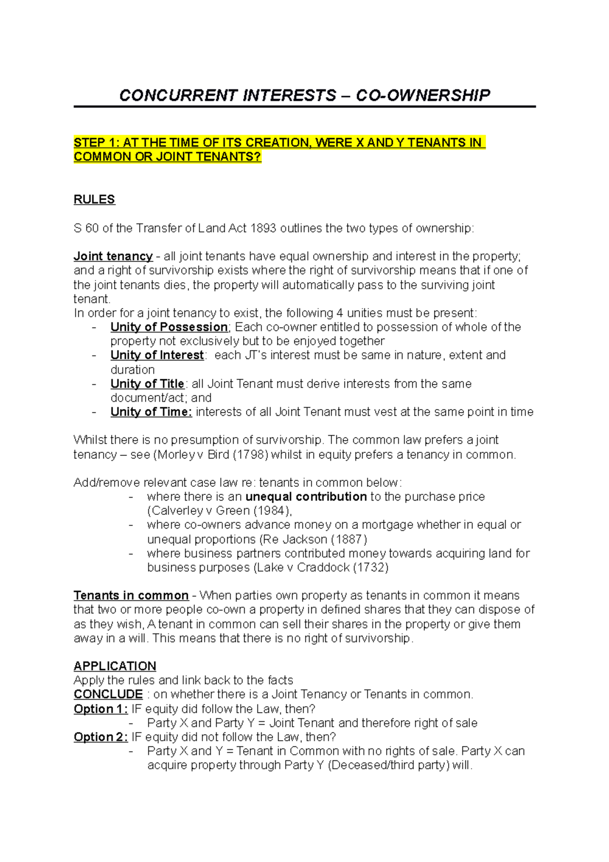 Property LAW - Draft Exam Template: Concurrent Interests Analysis - Studocu