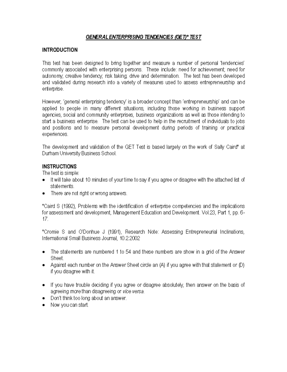 GET Test: Introduction and Scoring Guide for Enterprising Traits - Studocu