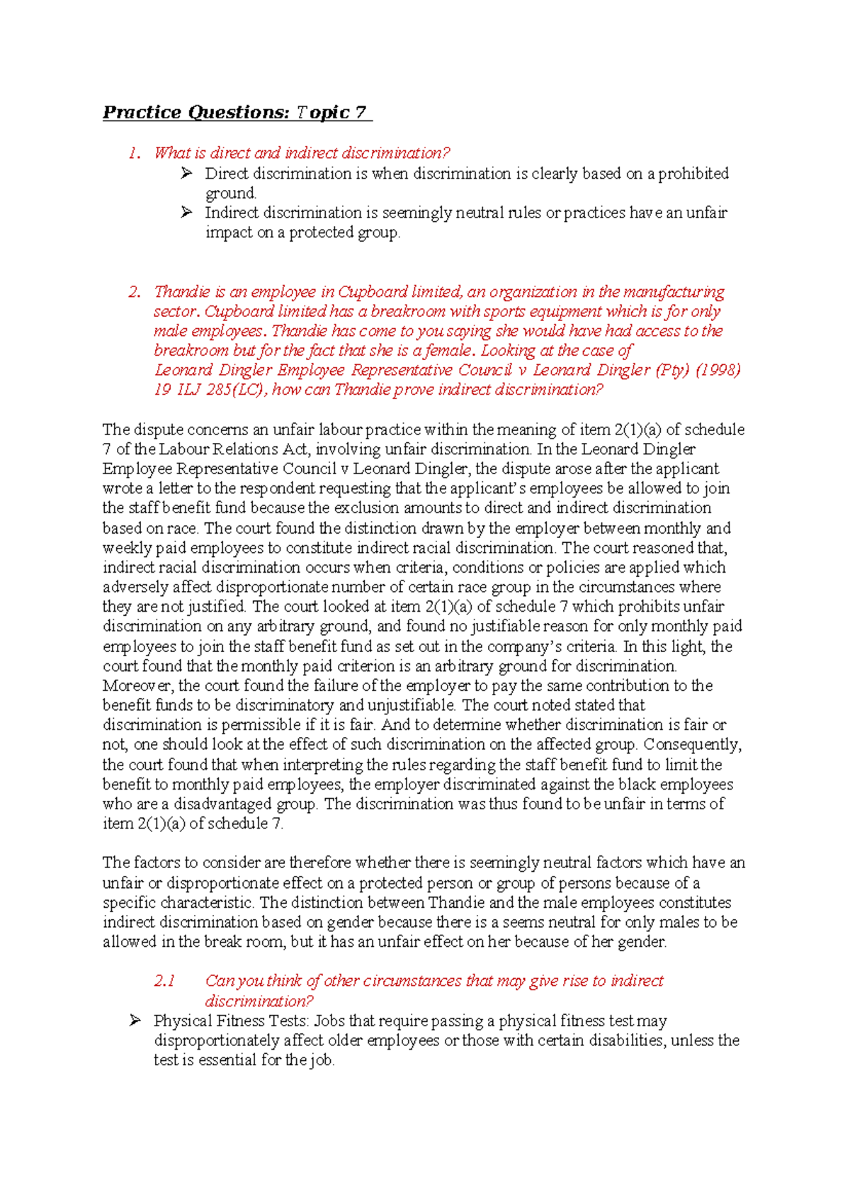 LBL 431 Topic 7: Discrimination Cases and Legal Analysis - Studocu