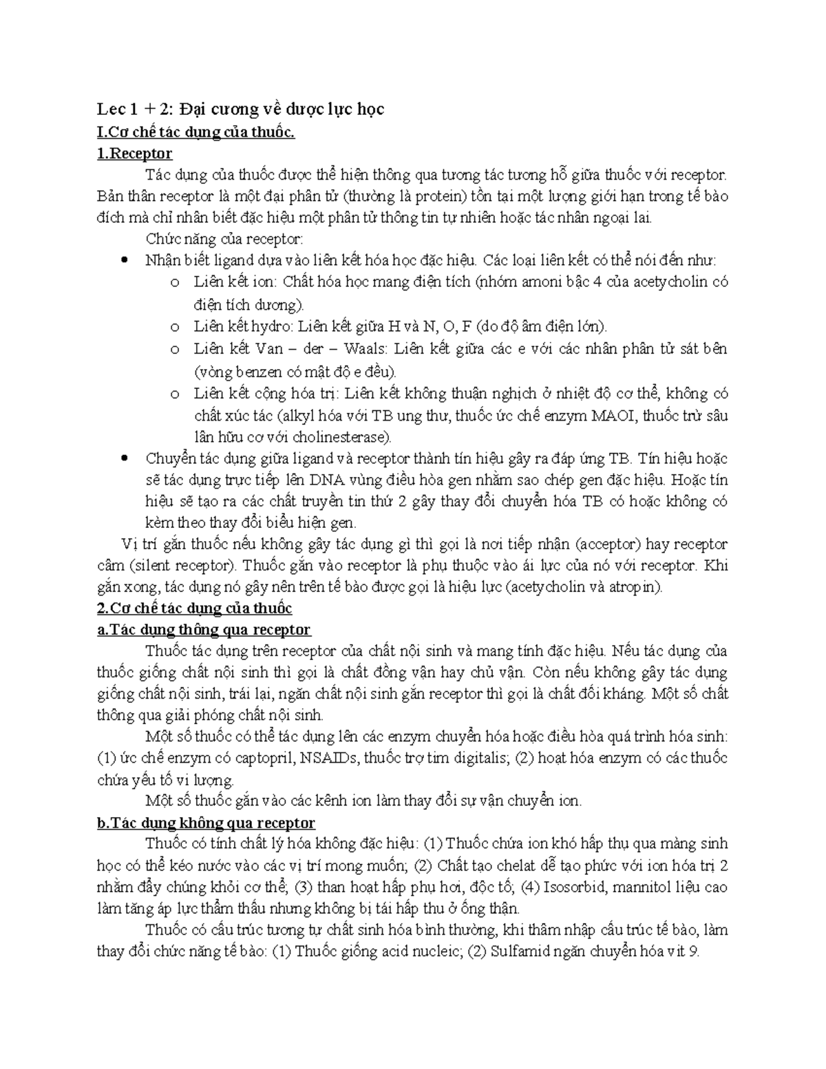 Lec 1 2: Đại cương về Dược lực học I - Cơ chế tác dụng thuốc - Document Preview
