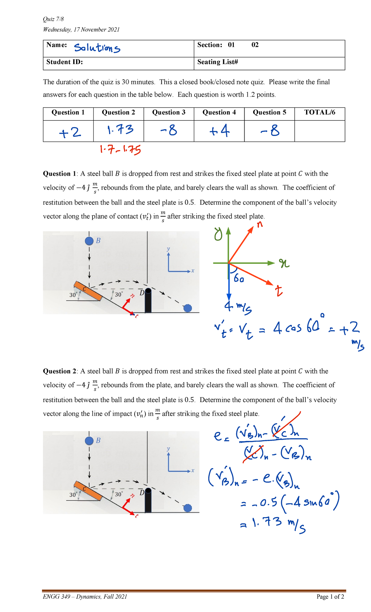 ENGG 349 Quiz: Dynamics Questions & Solutions, Fall 2021 - Studocu