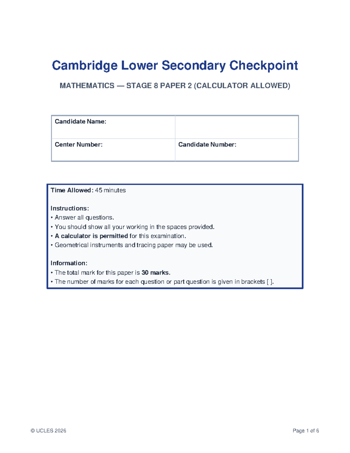 Cambridge Lower Secondary Checkpoint Stage 8 Math Paper 2 Exam - Studocu