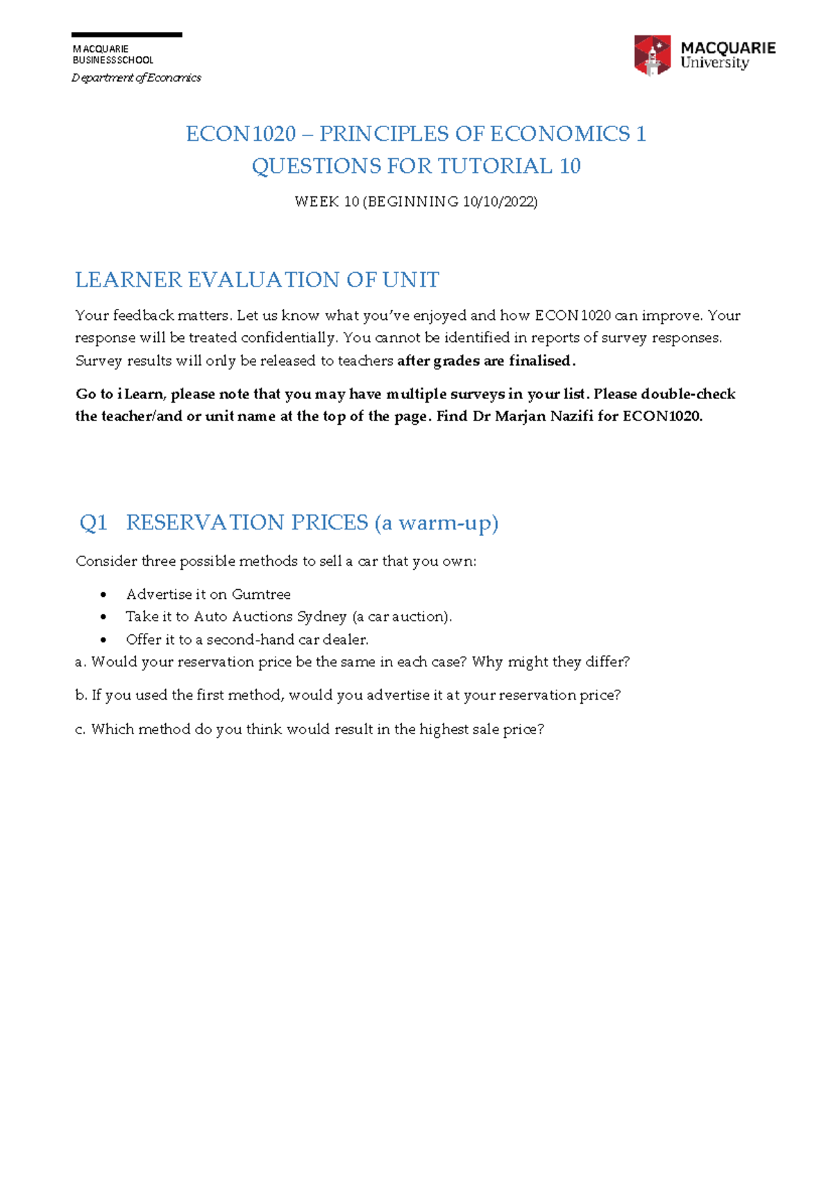 ECON1020 S2 2022 Tutorial 10 - Key Questions & Analysis Guide - Studocu