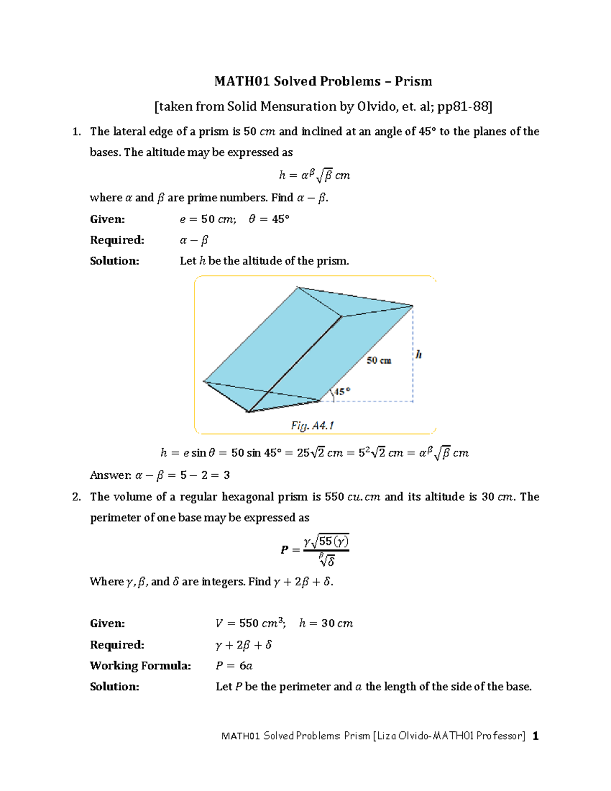 MATH01 Final Exam - Solved Problems on Prisms and Volumes - Studocu