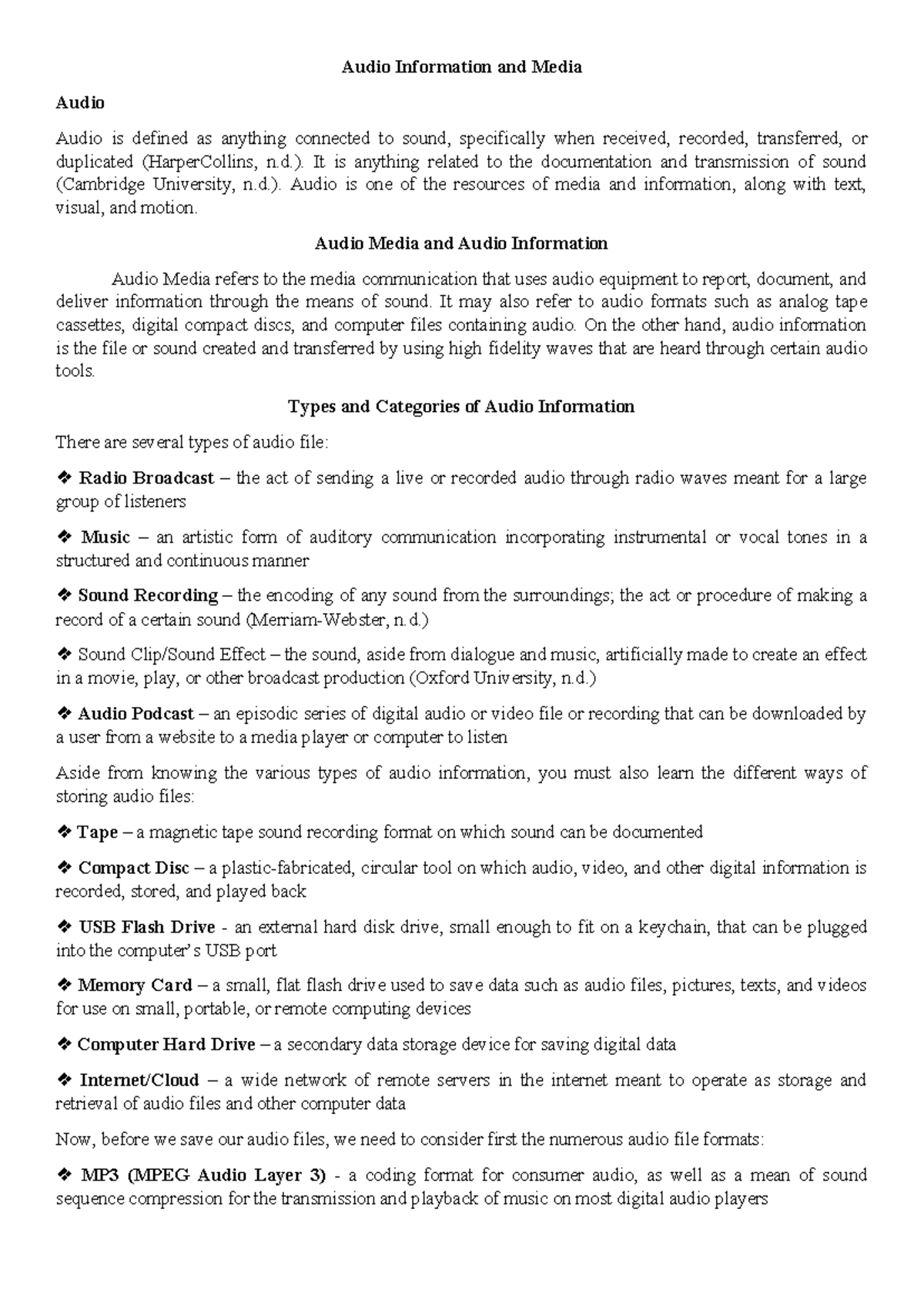 L14 - Overview of Audio Information and Media Types and Uses - Studocu