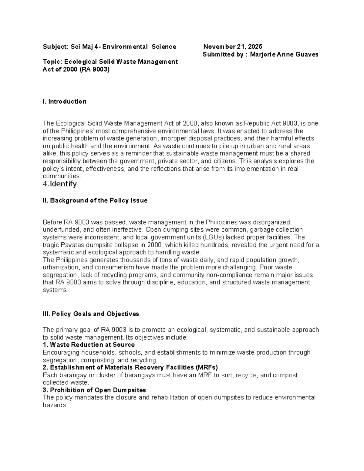 Reflection Notes on RA 9003: Ecological Solid Waste Management Act ...