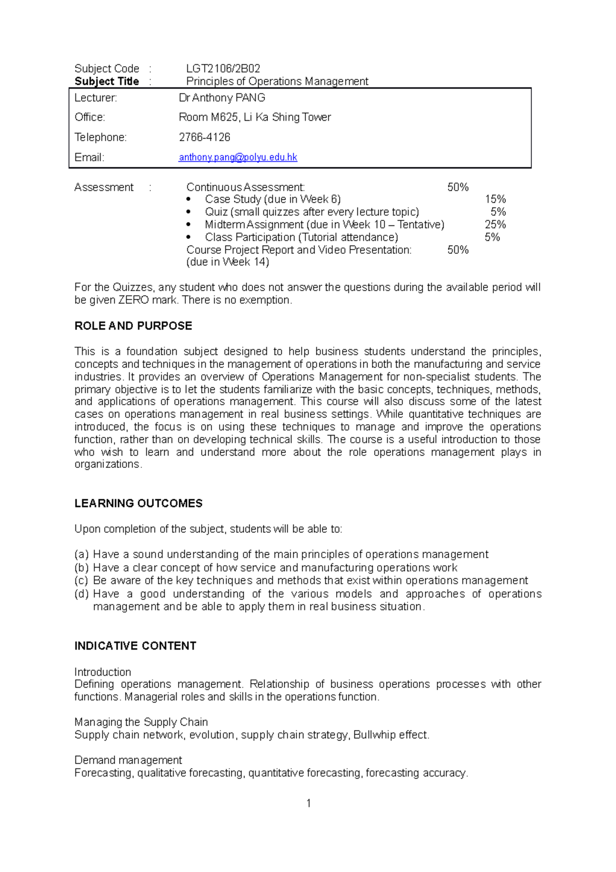 LGT 2106 Principles of Operations Management Course Outline 2020-21 ...