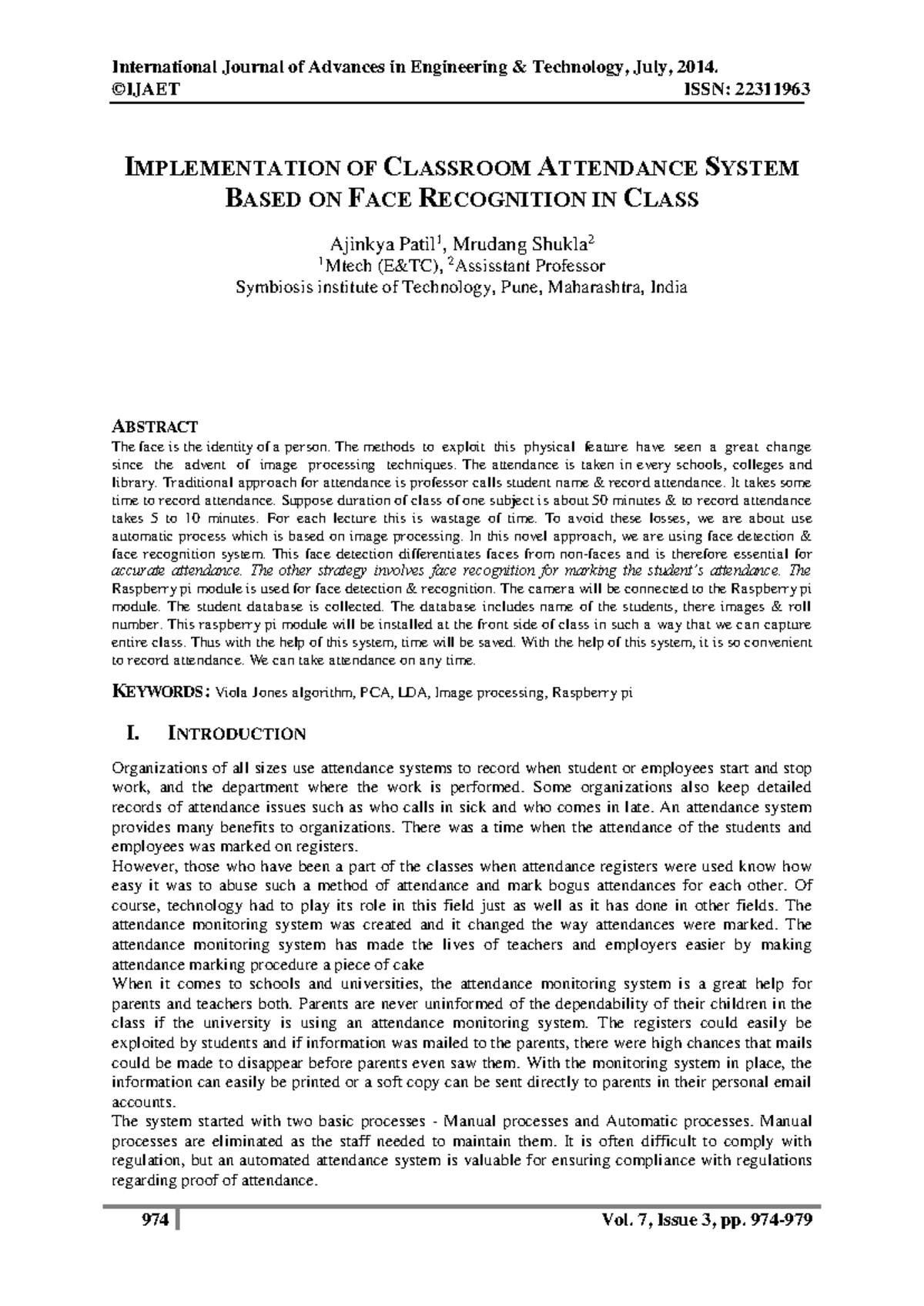 Implementation of Classroom Attendance System Using Face Recognition ...