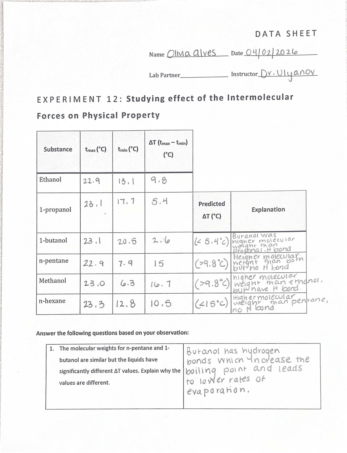 Experiment 12 Data Sheet: Intermolecular Forces & Physical Properties ...