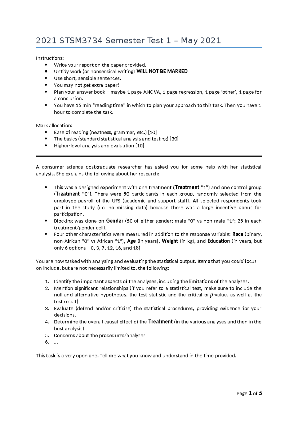 2021 STSM3734 Semester Test 1 - Statistical Analysis Practice - Studocu