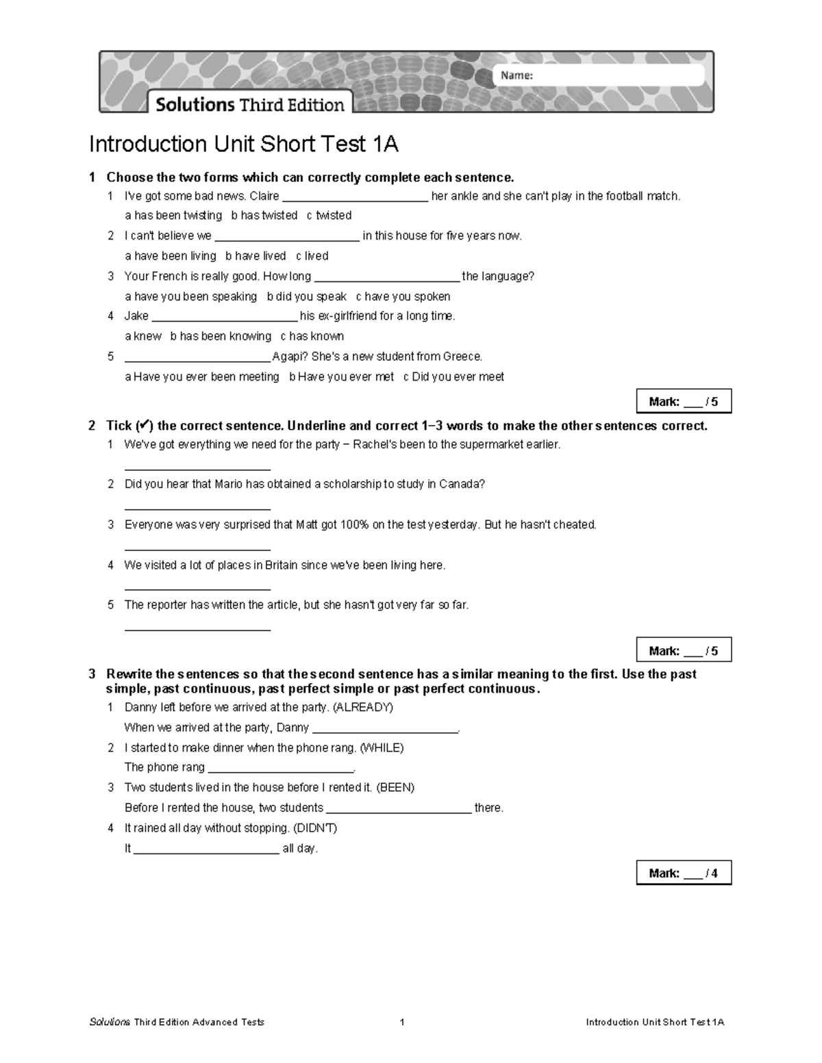Sol3e Adv U0 Short Test 1A: Grammar & Sentence Structure - Studocu