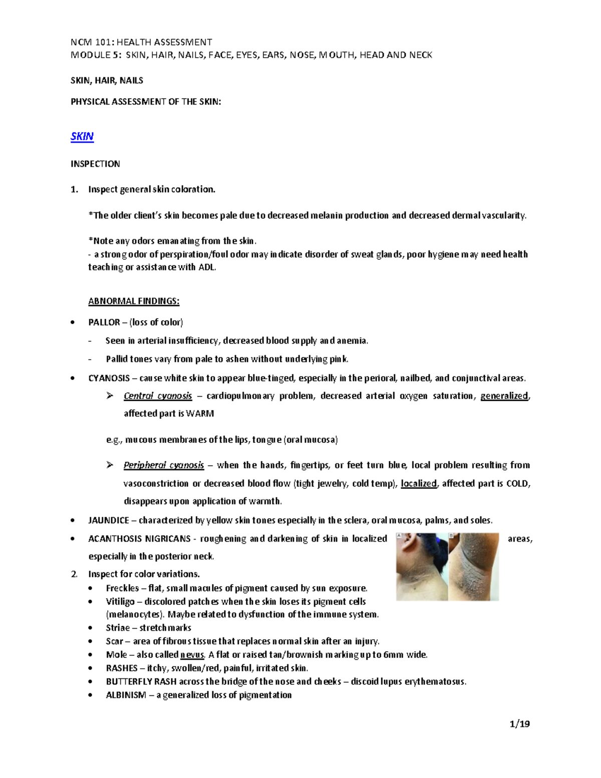 NCM 101: Health Assessment Module 5 - Skin, Hair, Nails, and Facial ...