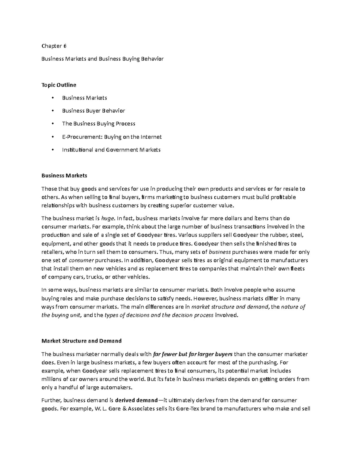 Chapter 6a - Lecture notes 6 - Chapter 6 Business Markets and Business ...