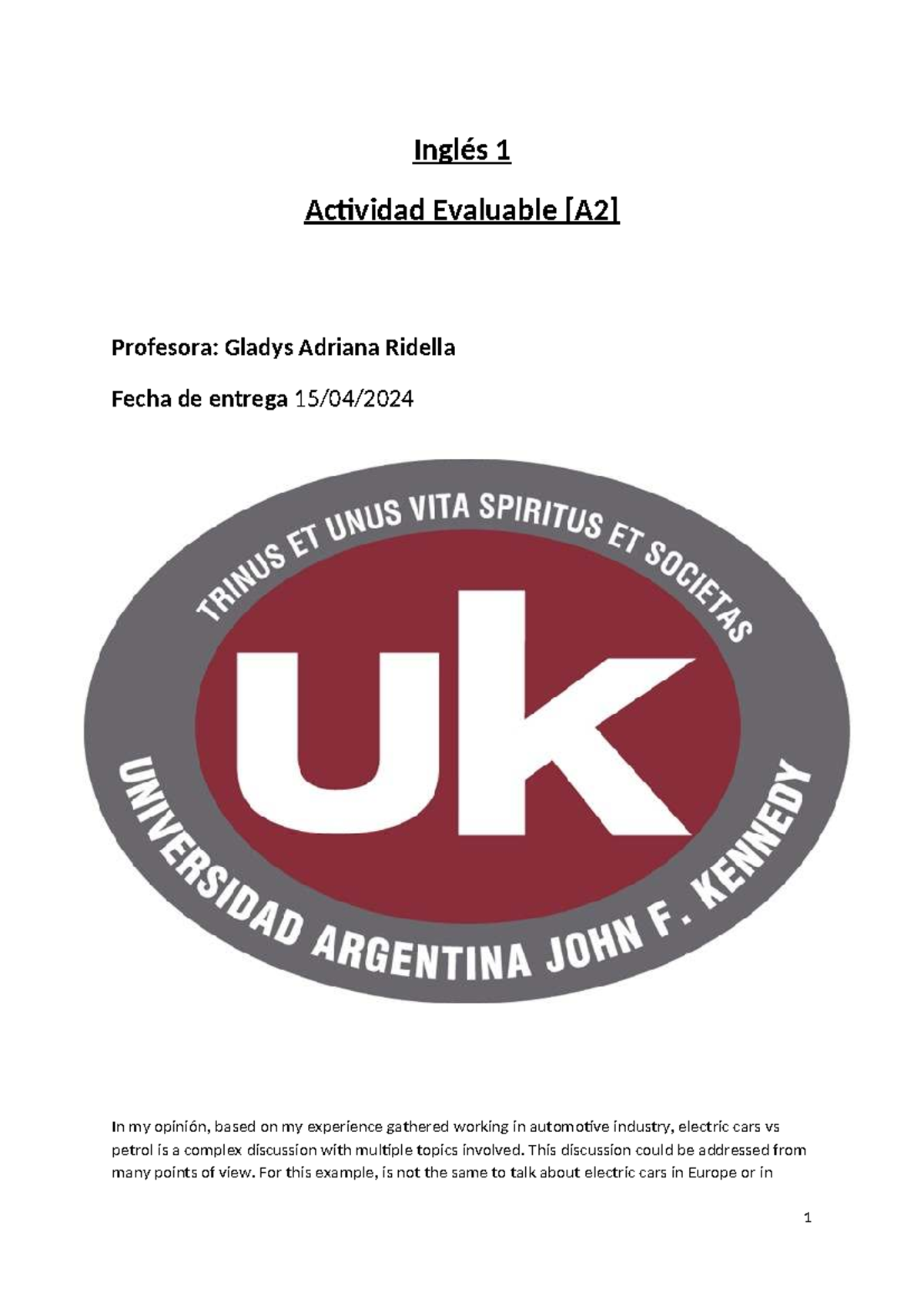 Inglés 1 - Actividad Evaluable A2: Electric Cars vs Petrol Debate - Studocu