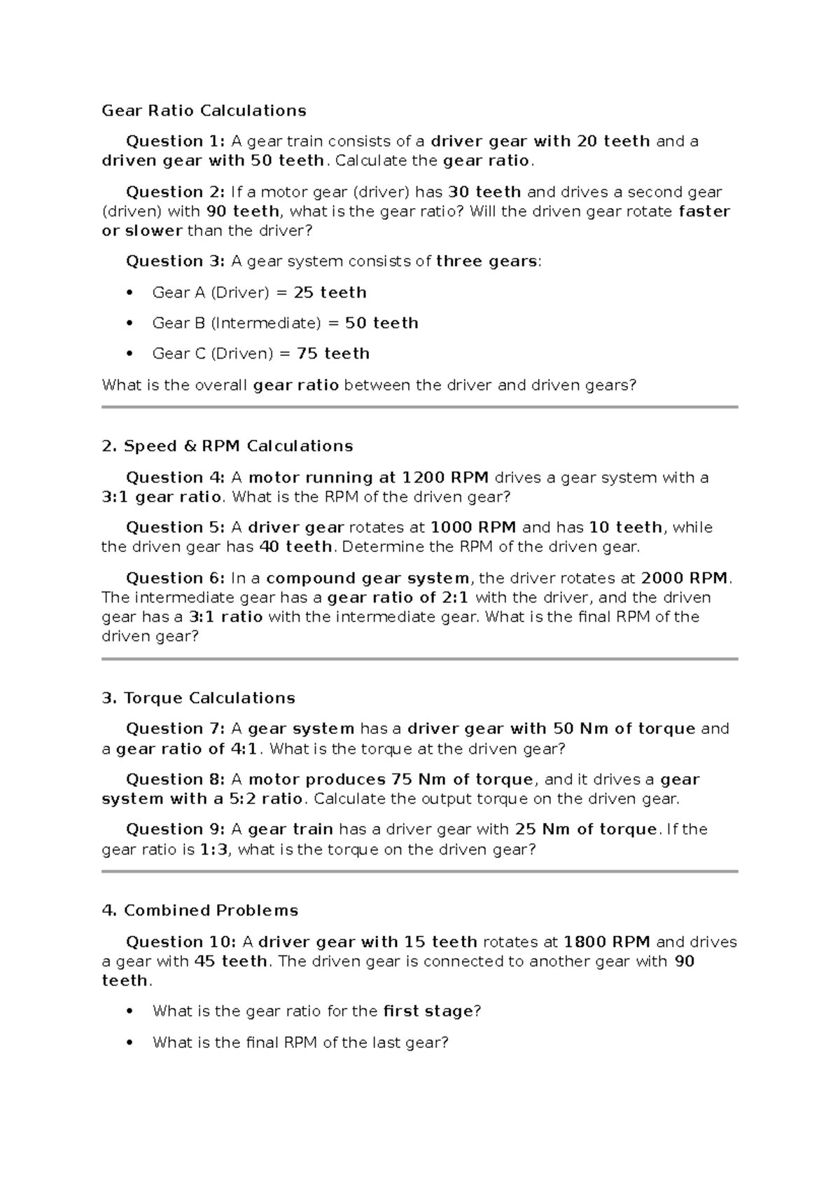 Gear Ratio Calculations and RPM/Torque Analysis for Gear Systems - Studocu
