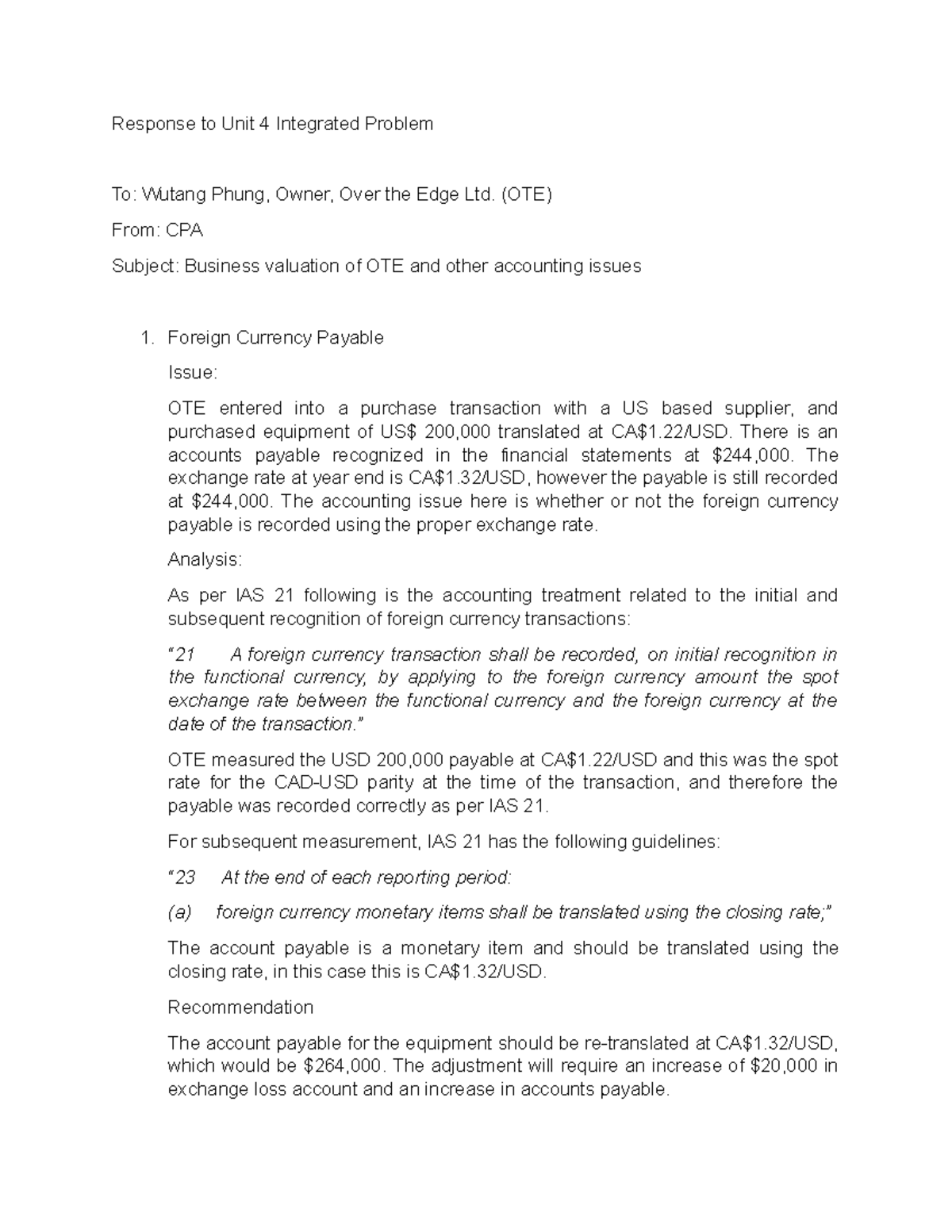 CPA Core 1 Unit 4 IP: Business Valuation Issues & Recommendations - Document Preview
