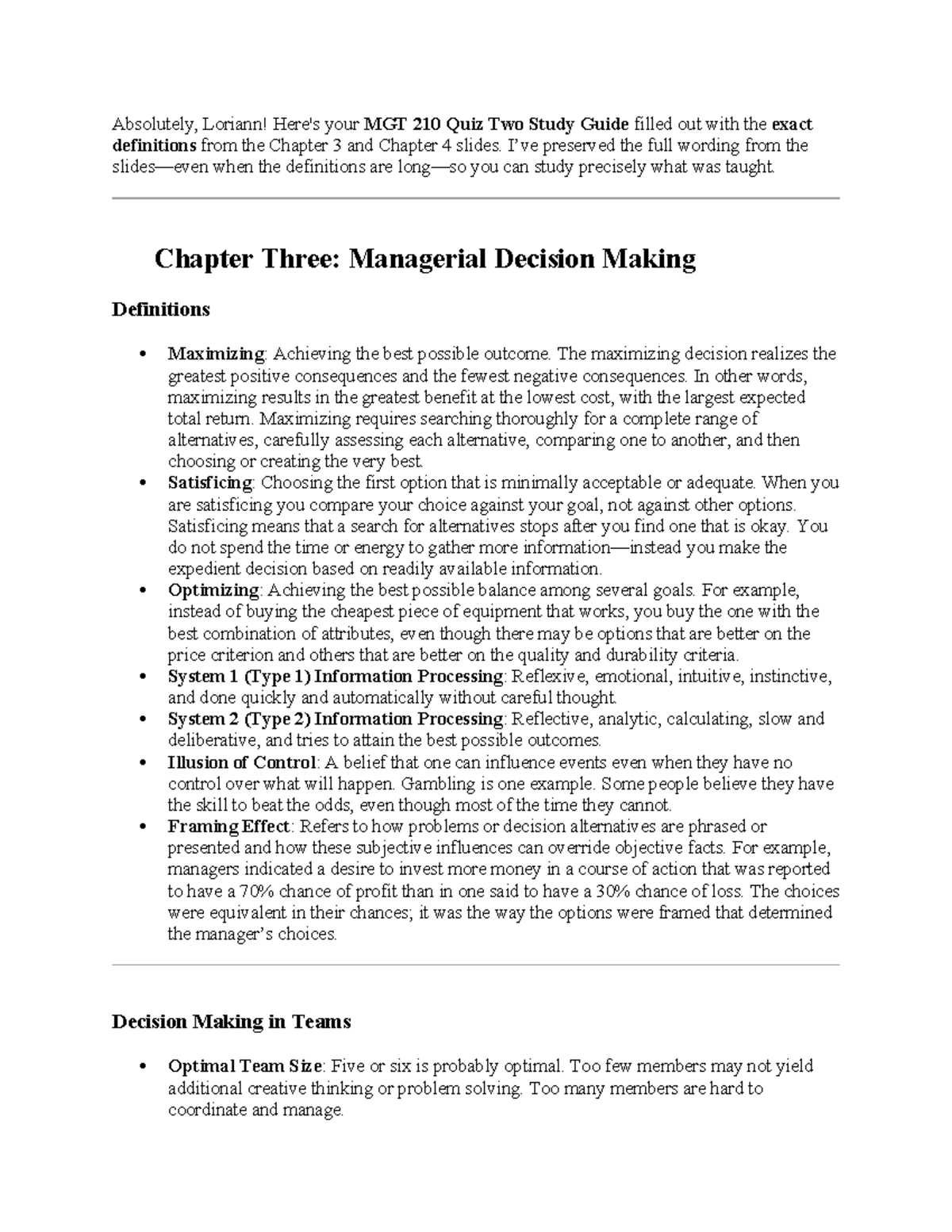 MGT 210 Quiz Two Study Guide: Key Concepts in Decision-Making ...