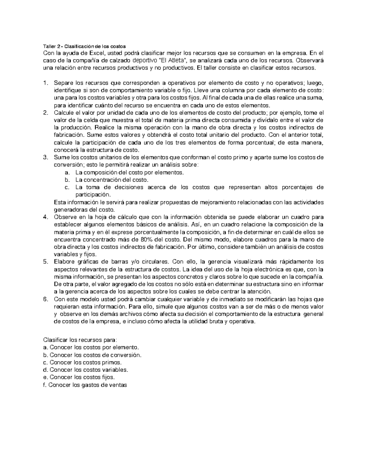Taller 2: Clasificación y Análisis de Costos en Excel - Studocu