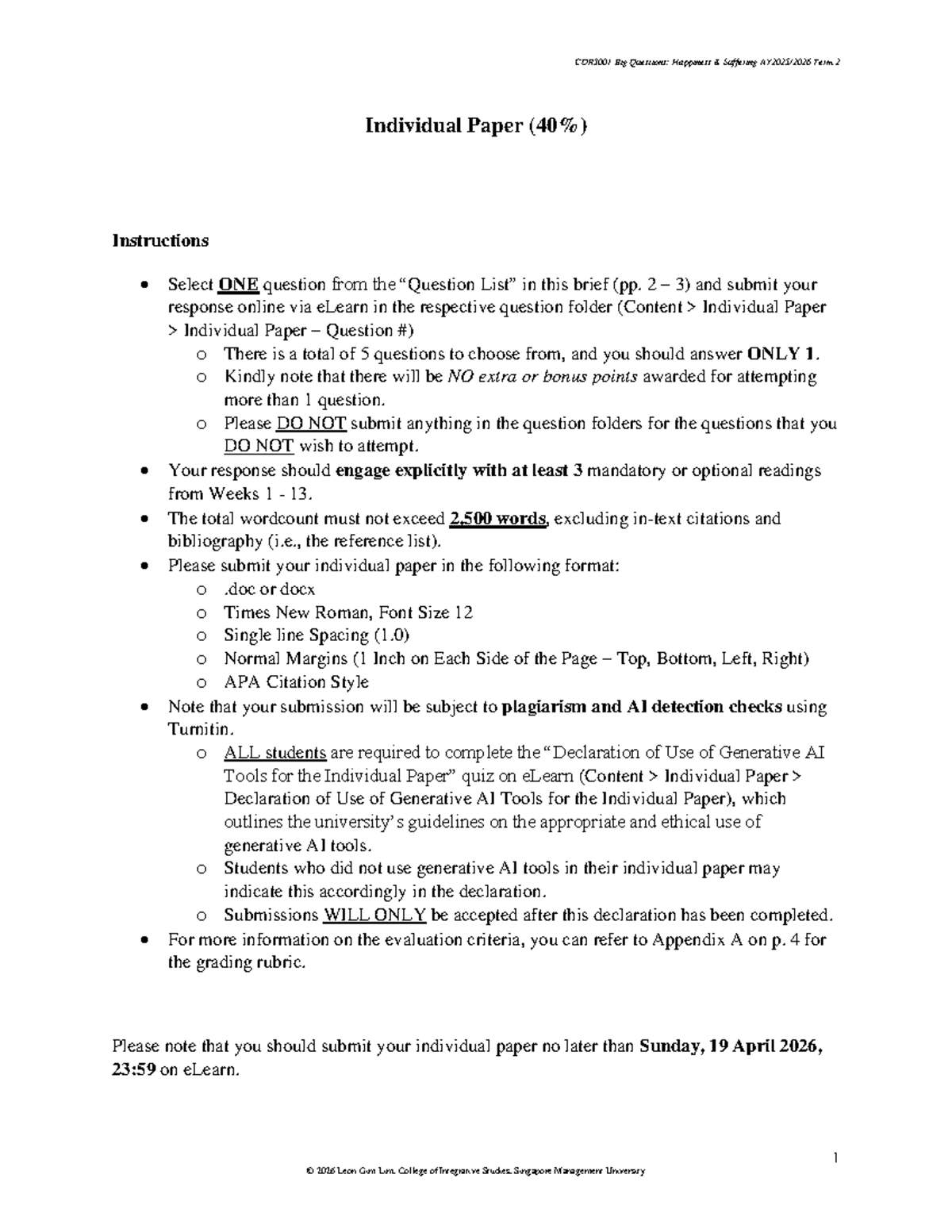 COR3001 Individual Paper: Exploring Happiness and Suffering - Studocu