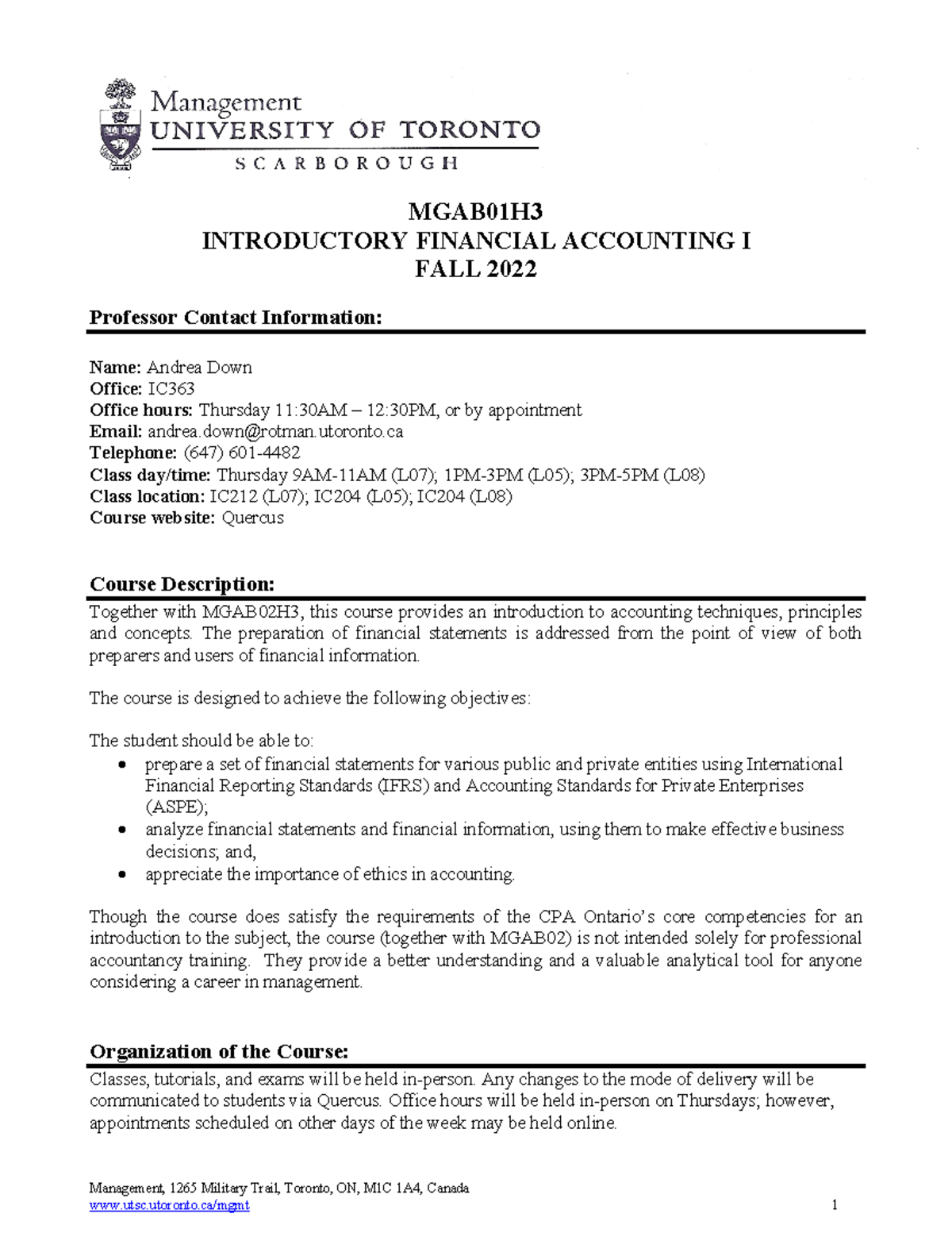 MGAB01H Introductory Financial Accounting I Course Outline - Fall 2022 ...