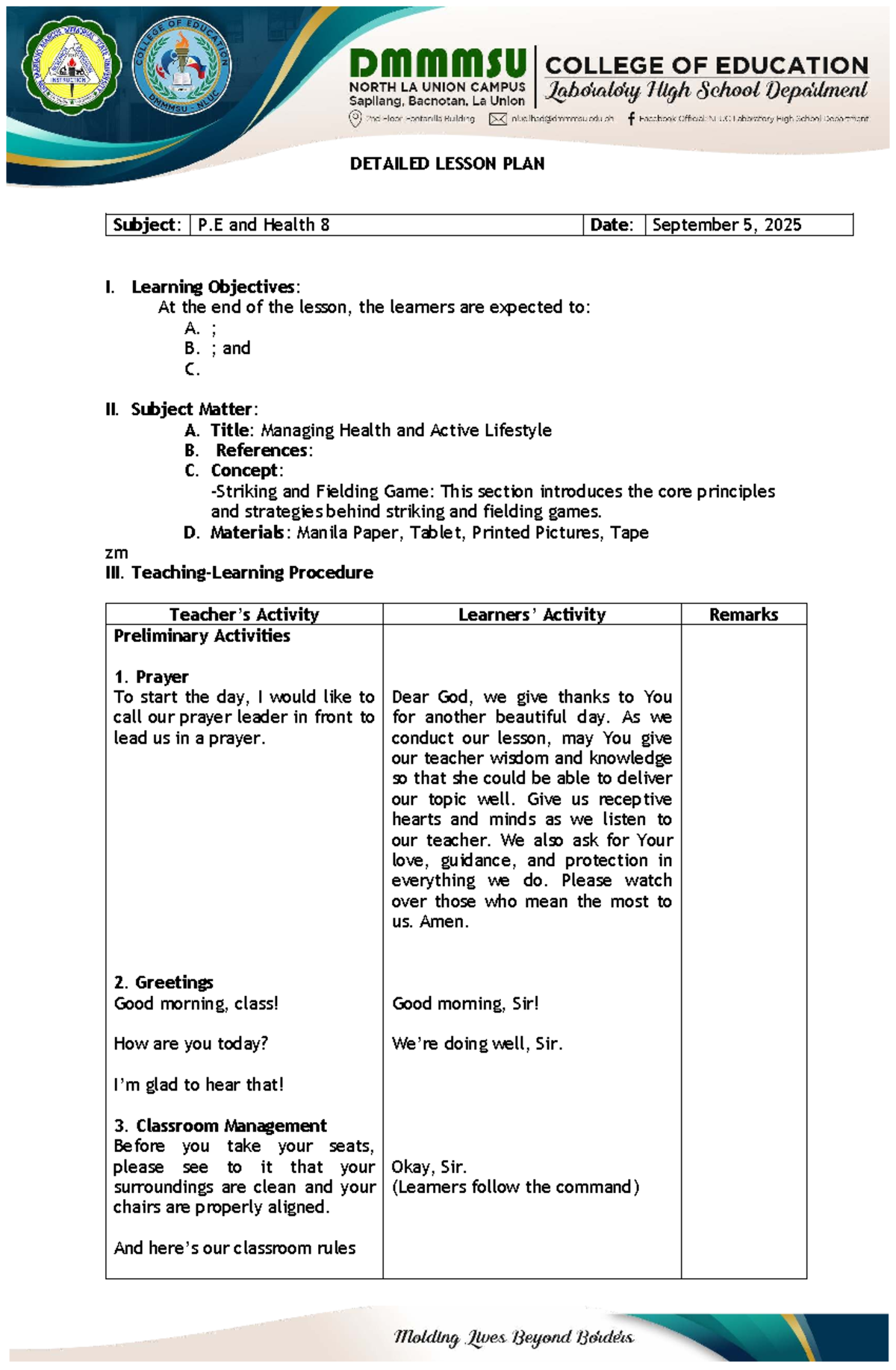 P.E. & Health 8: Detailed Lesson Plan on Baseball & Field Games - Studocu