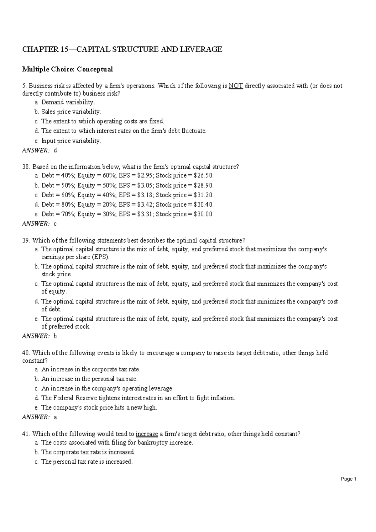 CHAPTER 15: CAPITAL STRUCTURE AND LEVERAGE - MCQs and Answers - Studocu
