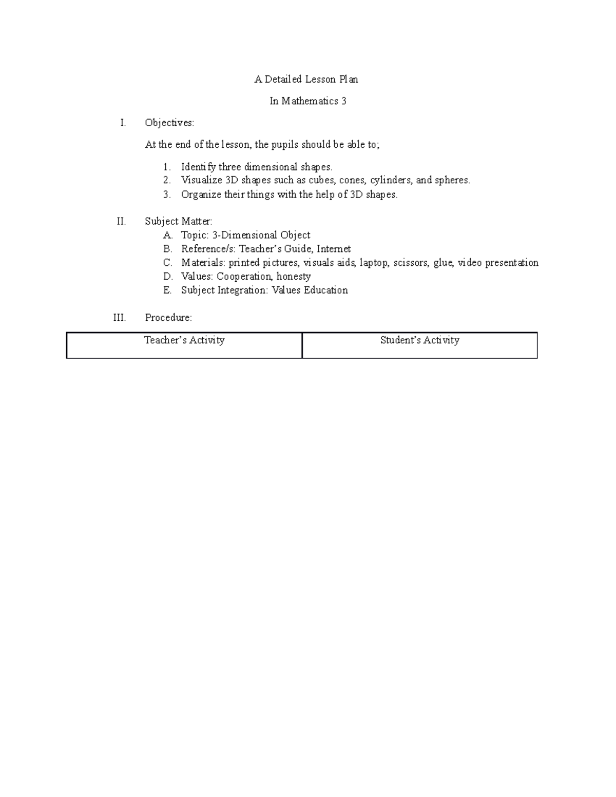 Math 3 - Detailed Lesson Plan on 3-Dimensional Shapes - Studocu
