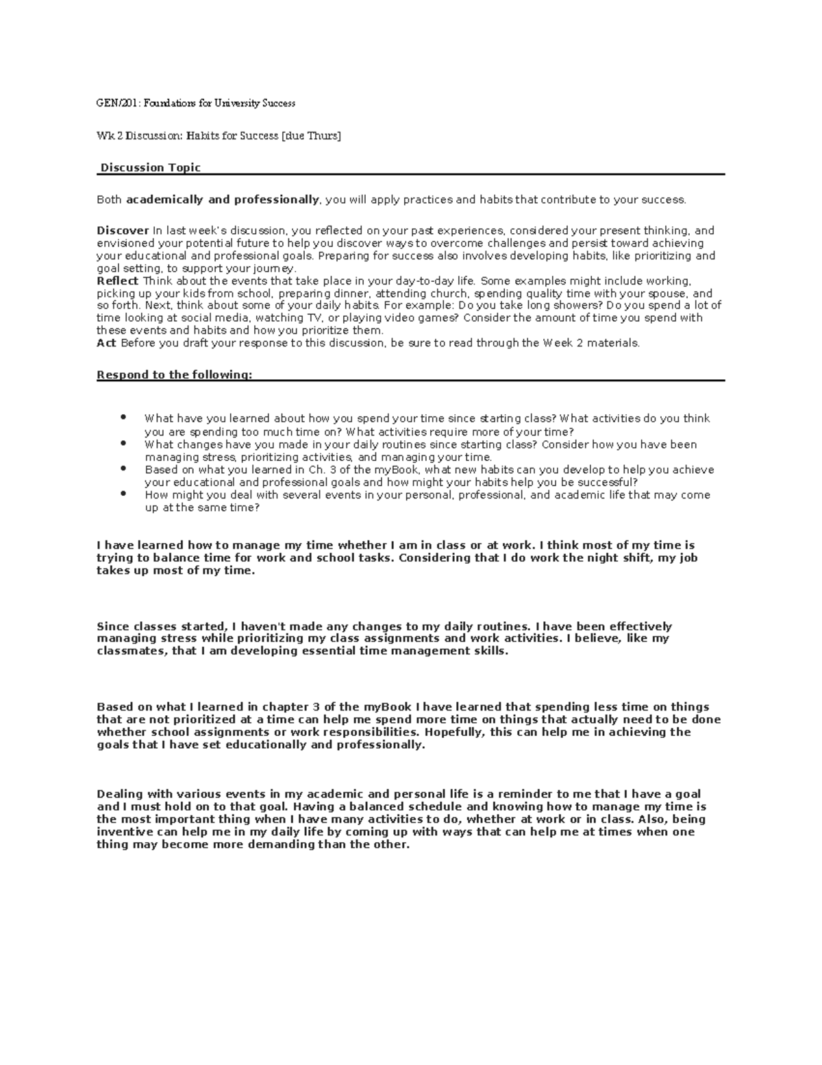 GEN/201: Wk 2 Discussion on Strategies for Success in Studies - Studocu