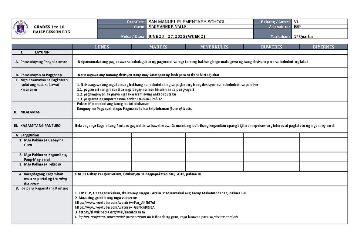 DLL ESP 6 Q1 W2 - Daily Lesson Log for June 23-27, 2025 - Studocu