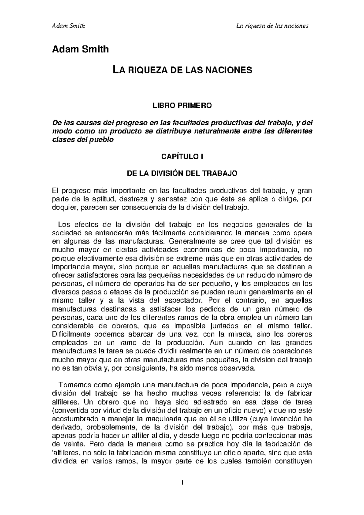 Smith Libro 1 capítulo 1 De la división del trabajo - Adam Smith LA ...