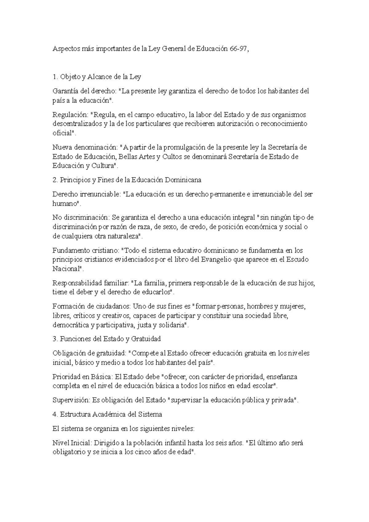 Aspectos Clave de la Ley General de Educación 66-97 - Studocu