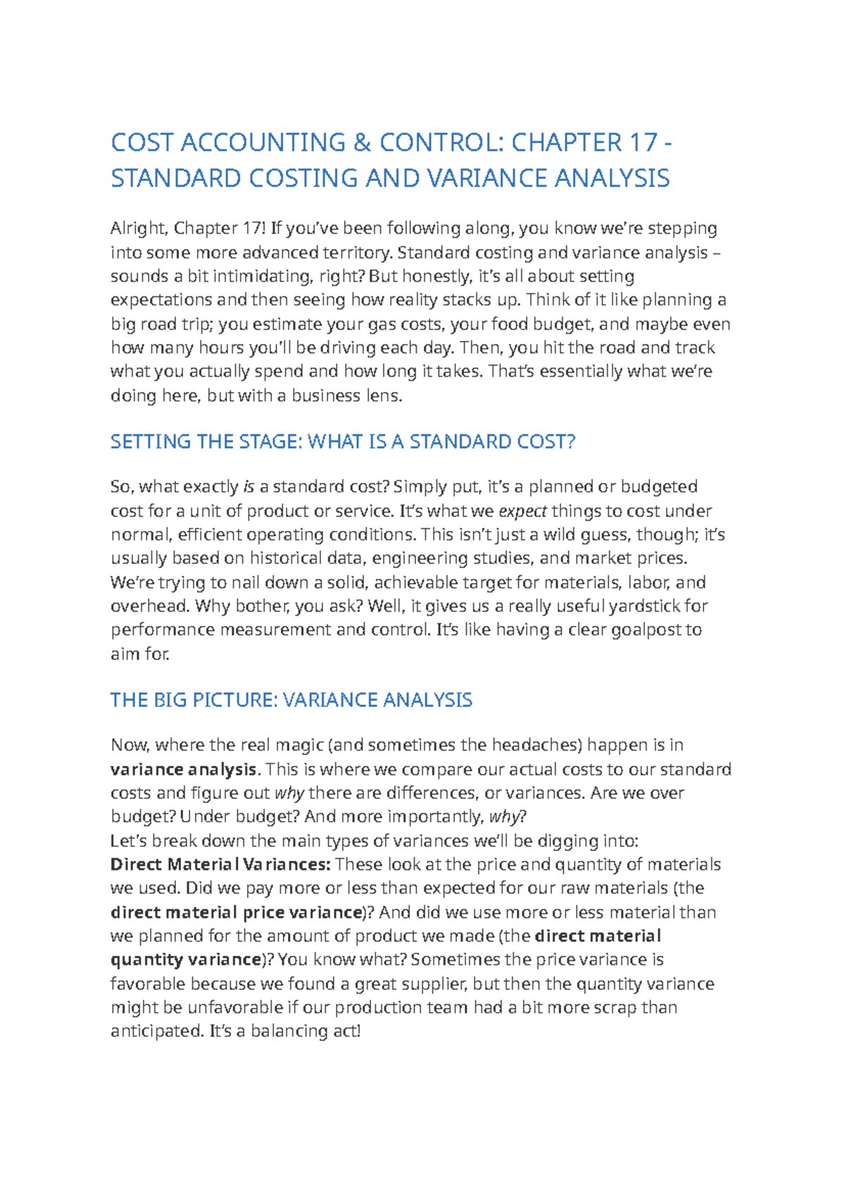 COST ACCOUNTING & CONTROL: CHAPTER 17 - STANDARD COSTING & VARIANCE ...