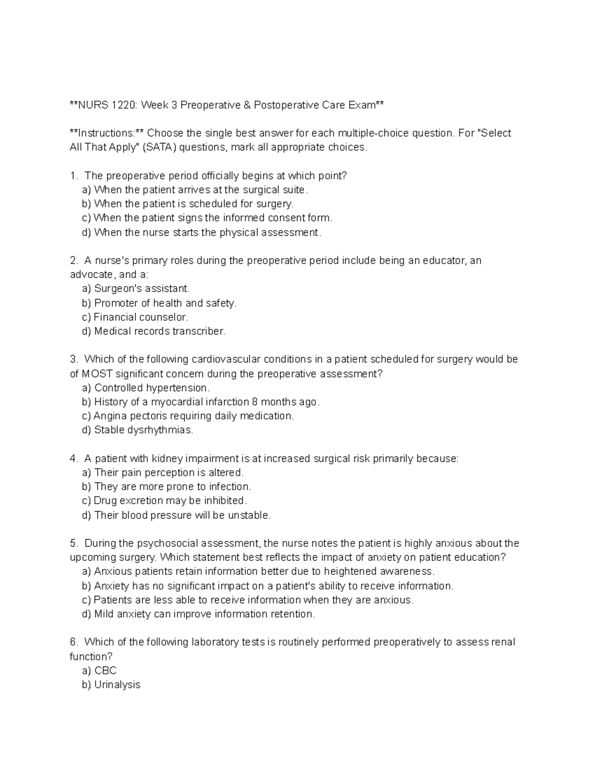 1220: Preoperative and Postoperative Care Practice Test - Studocu