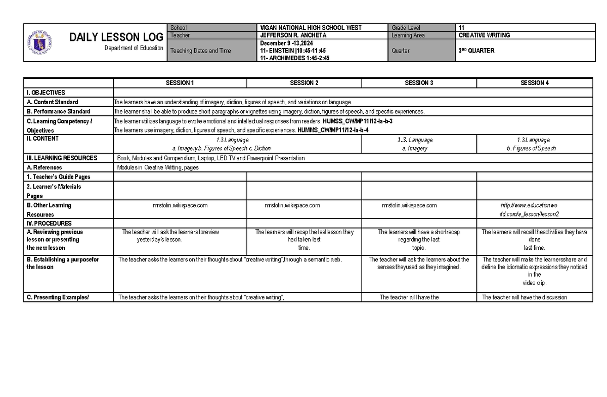 Print Creative Writing Q1 W2 - DAILY LESSON LOG Department of Education ...