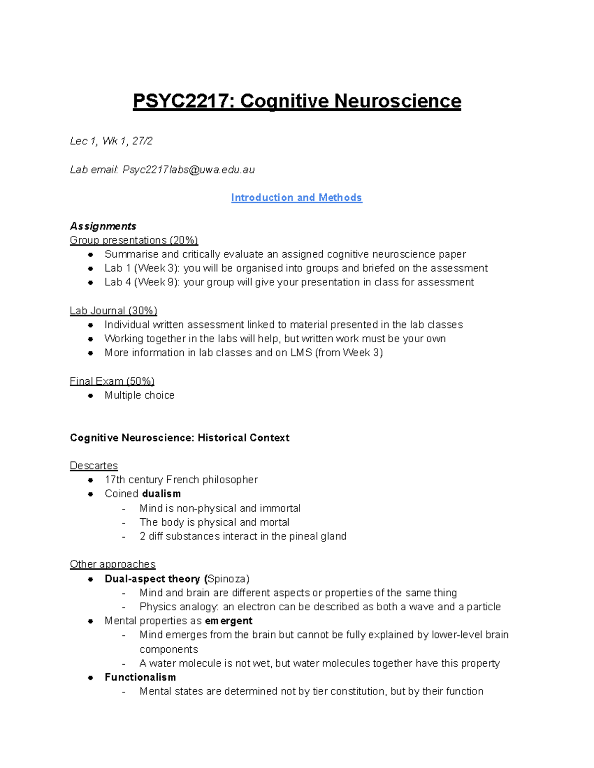 PSYC2217: Cognitive Neuroscience Lecture 1 Overview and Key Concepts ...