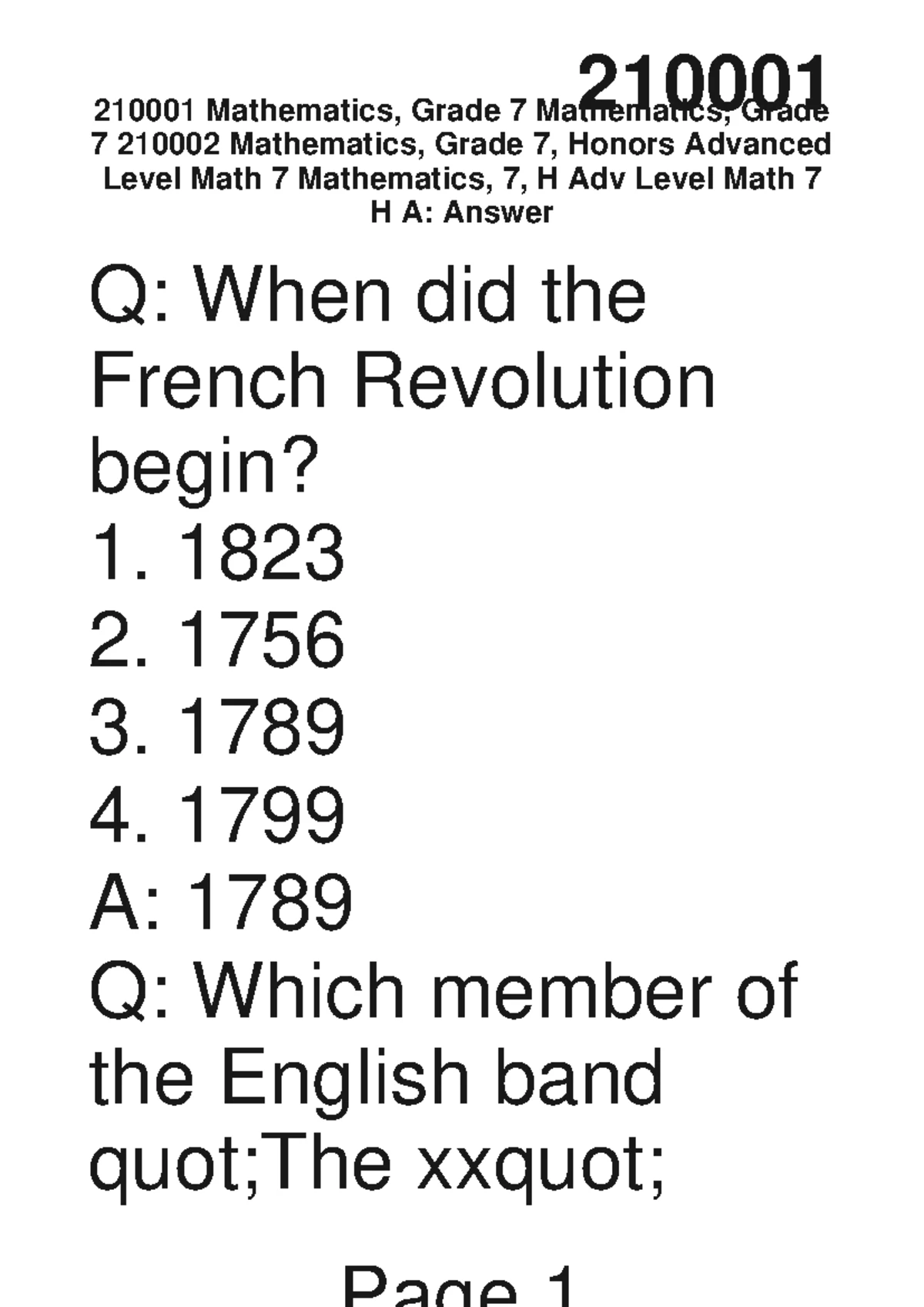 Mathematics, Grade 7: Quiz Questions & Answers (210001, 210002) - Studocu