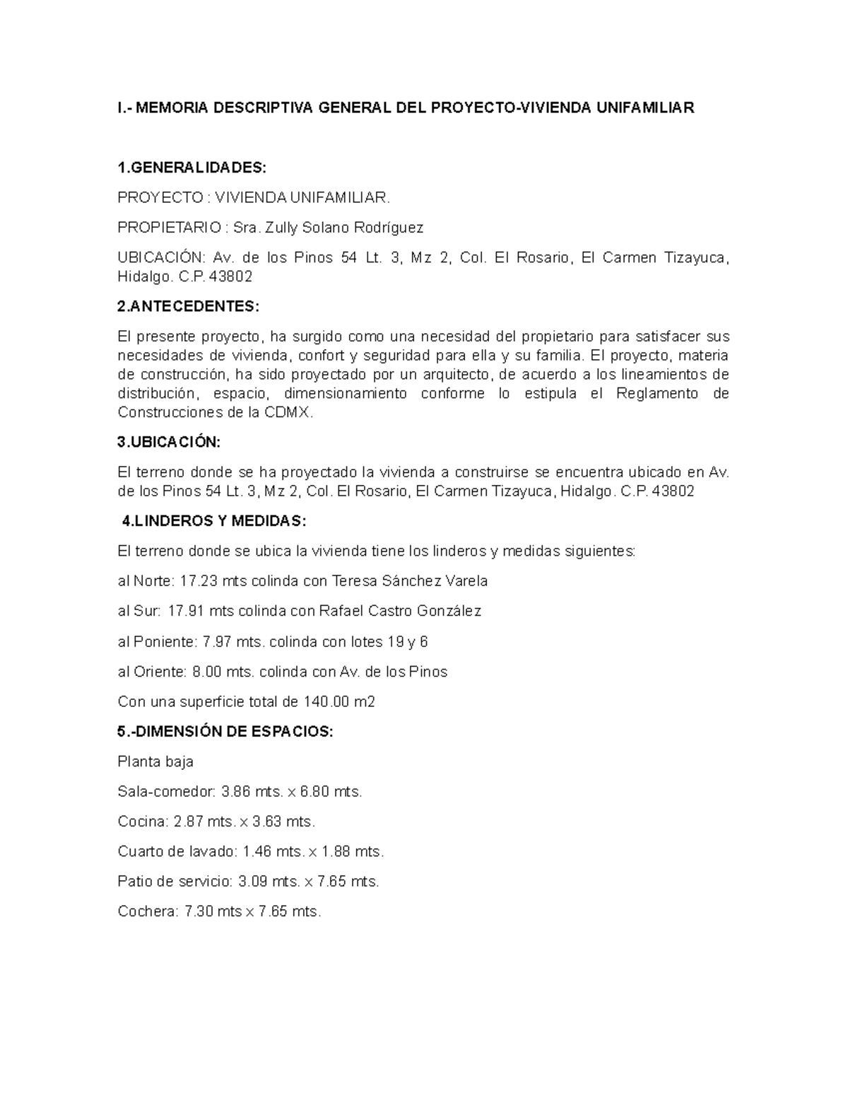 Memoria Descriptiva del Proyecto de Vivienda Unifamiliar - ID: 43802 ...